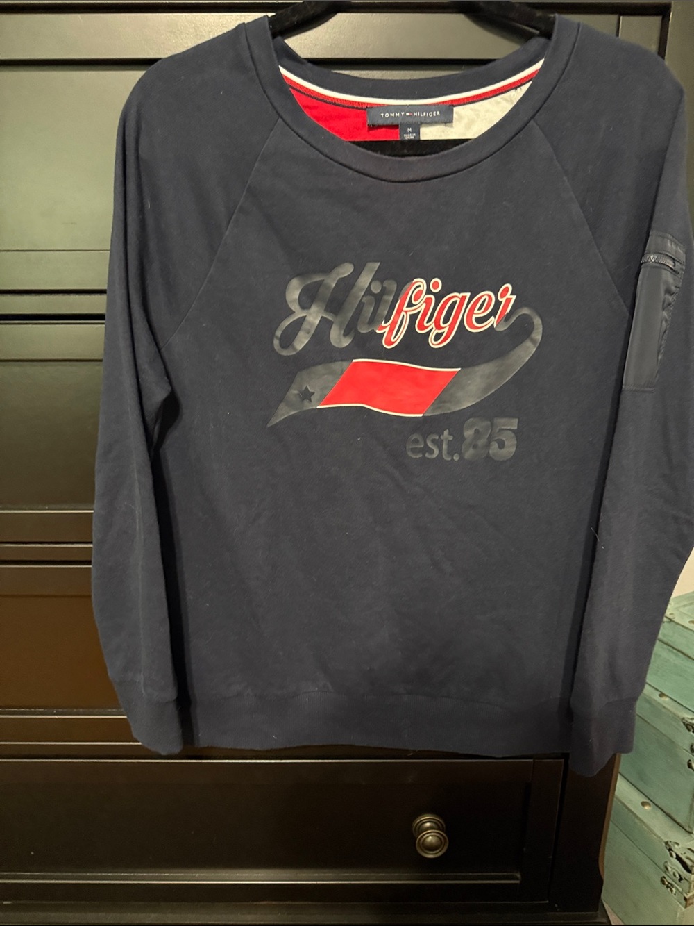 Tommy Hilfiger Navy Crewneck Sweatshirt with Red Logo Flag